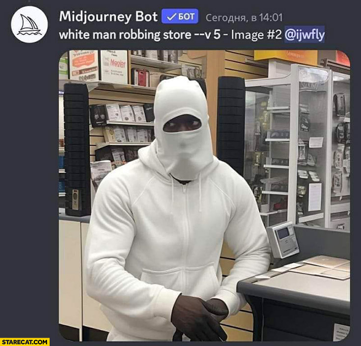 Midjourney Prompt White Man Robbing Store Generates Black Man Dressed In White StareCat
