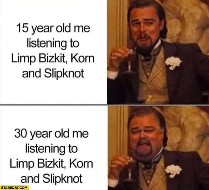 15 year old me listening to Limp Bizkit, Korn and Slipknot vs 30 year old me leonardo dicaprio