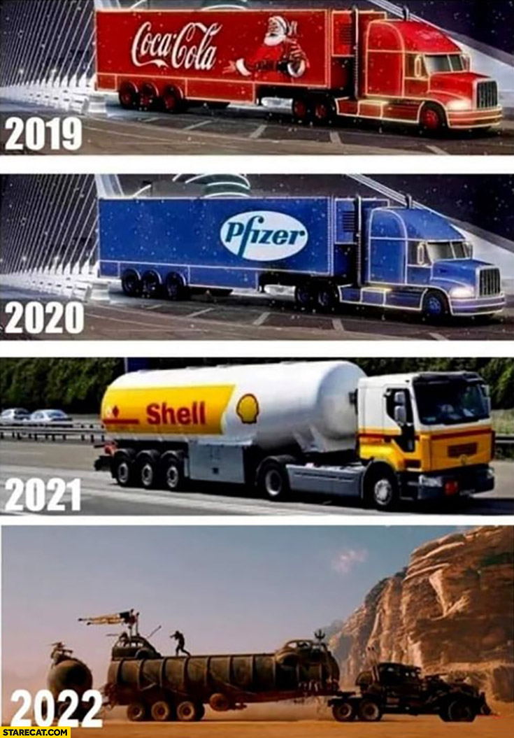 2019 Coca-Cola truck, 2020 Pfizer truck, 2021 Shell truck, 2022 mad max