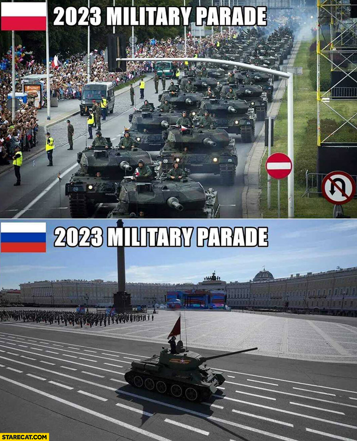 2023 military parade in Poland full of tanks vs in russia only 1 tank