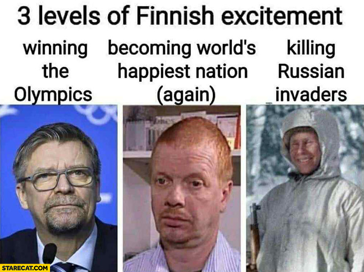 3 levels of Finnish excitement killing russian invaders smiling