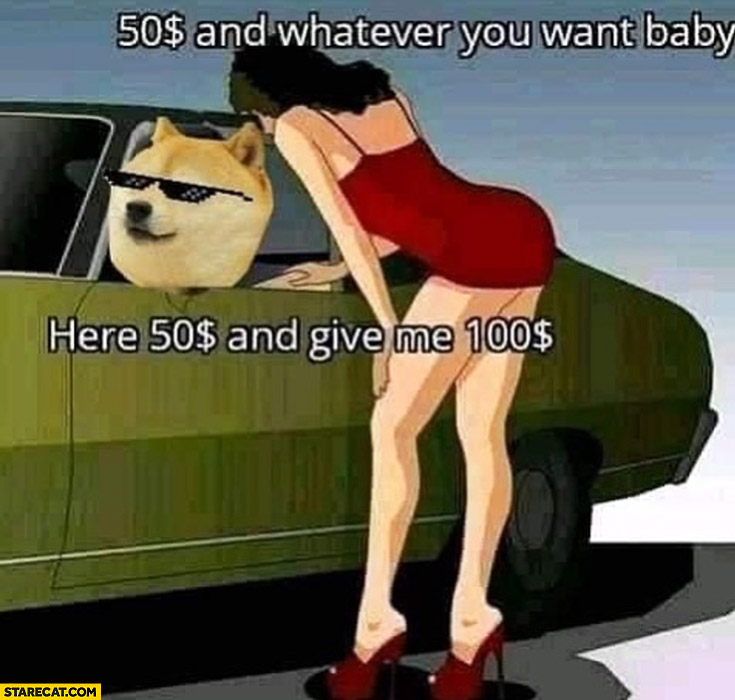 $50 dollars and whatever you want, baby here’s $50 dollars and give me $100 dollars doge meme