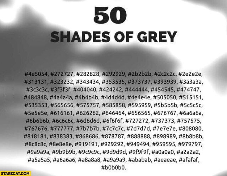 50 Shades of grey hex code colours