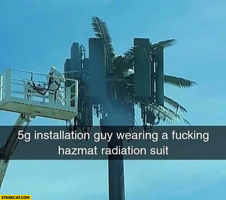 5G installation guy wearing hazmat radiation suit