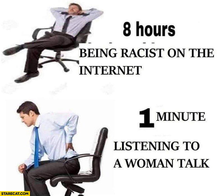 8 hours being racist on the internet vs 1 minute listening to a woman talk back pain