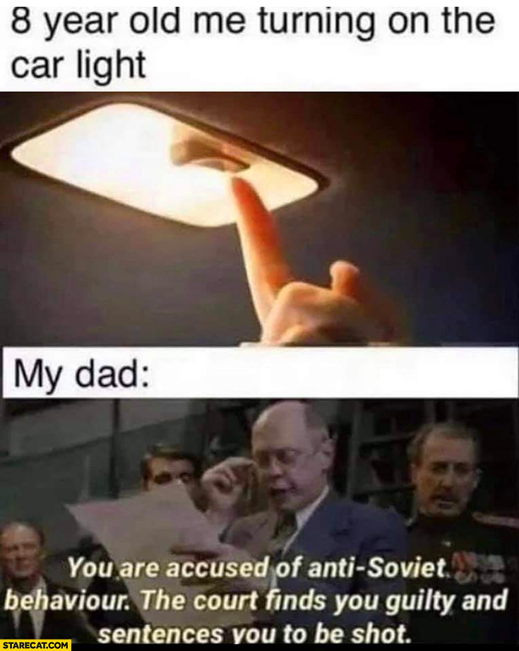 8 year old me turning on the car light, my dad: you are accused of anti-soviet behaviour