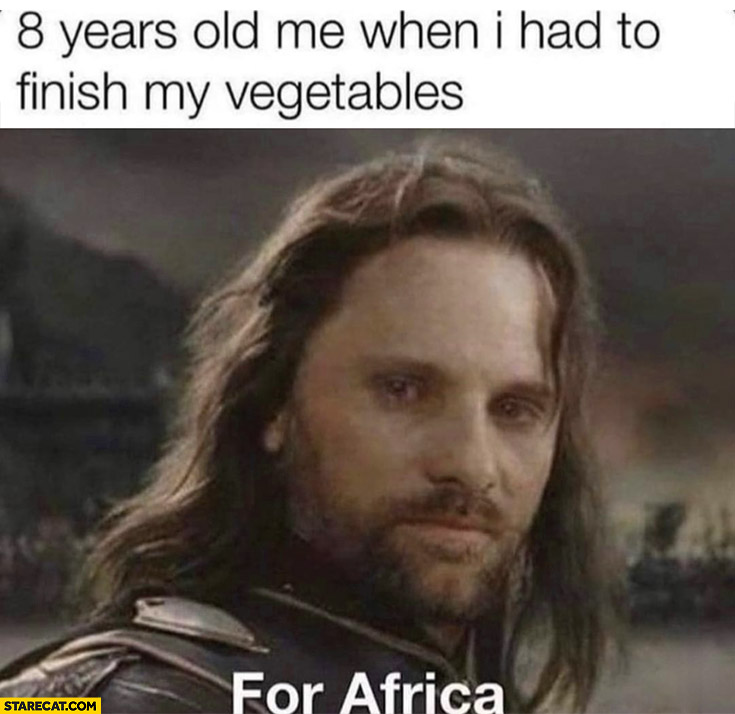 8 years old me when I had to finish my vegetables for Africa Aragorn Lord of the Rings