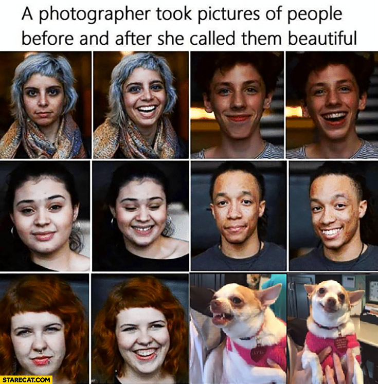 A photographer took pictures of people before and after she called them beautiful cute dog