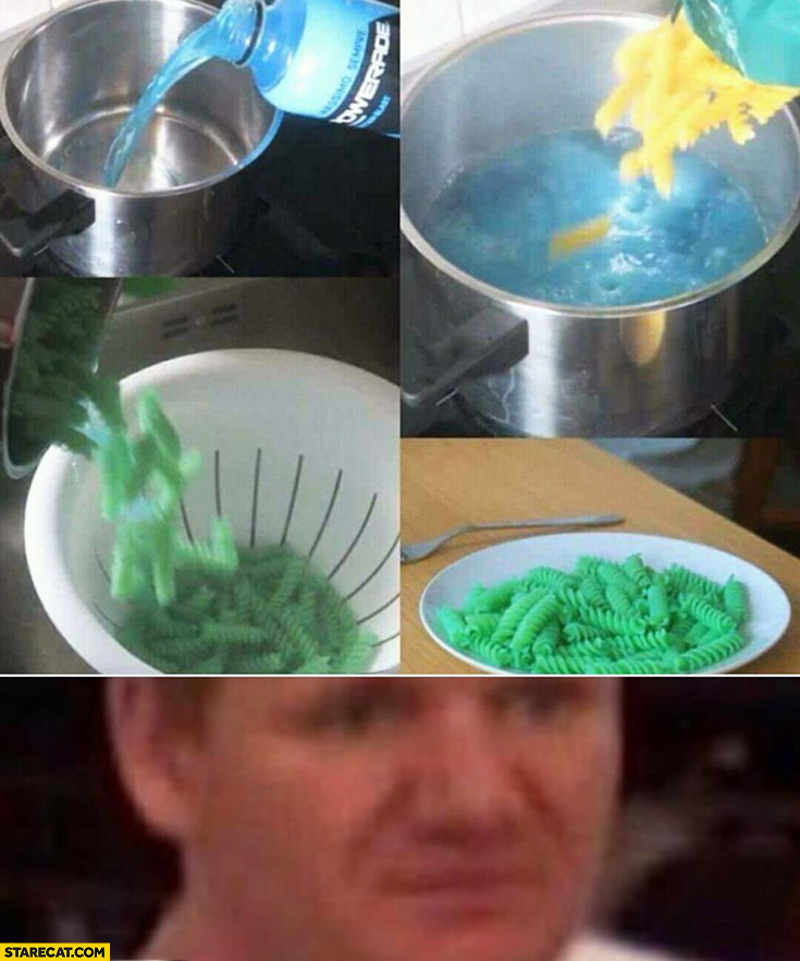 Adding Powerade to pasta to make it green Gordon Ramsay confused