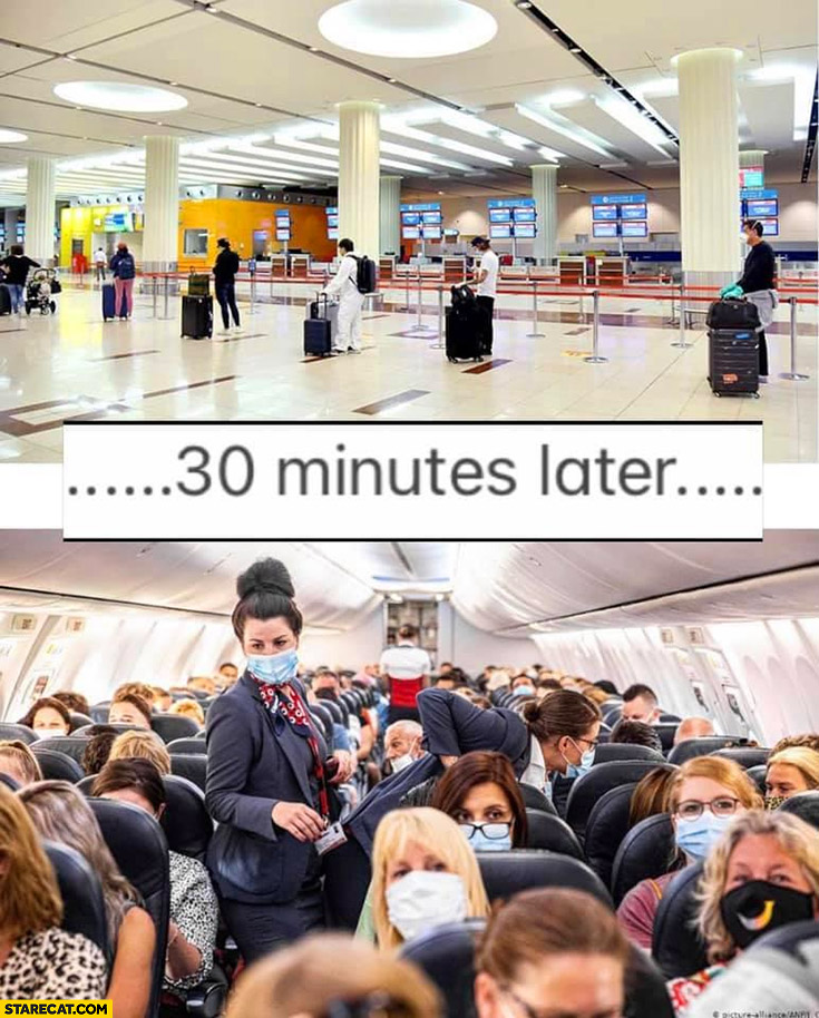 Airport queueing to the gate social distancing then 30 minutes later people crowded on the airplane