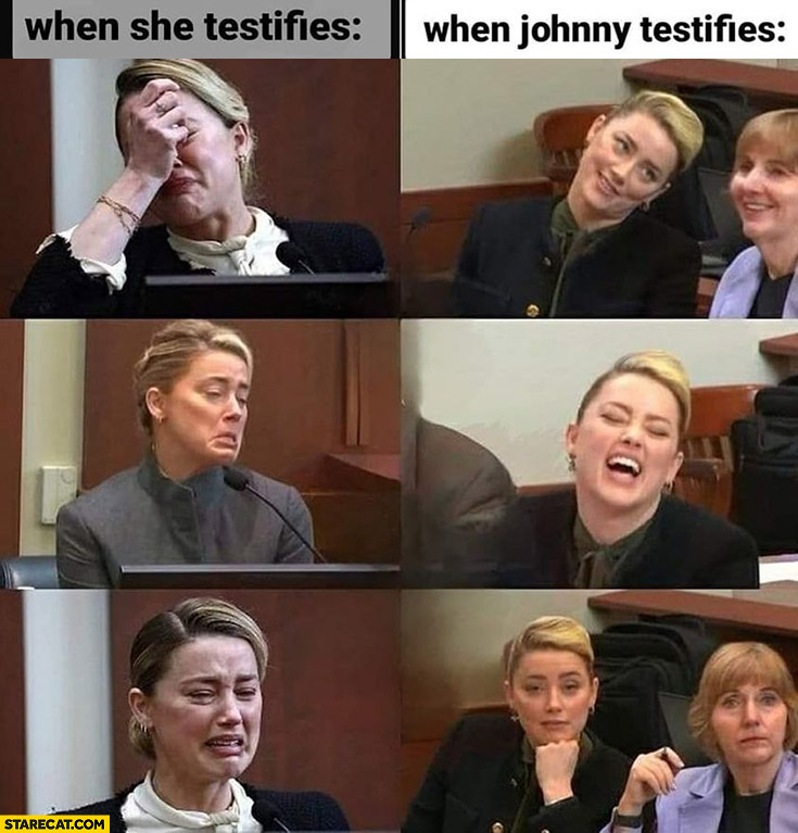 Amber Heard when she testifies crying vs when Johnny testifies laughing