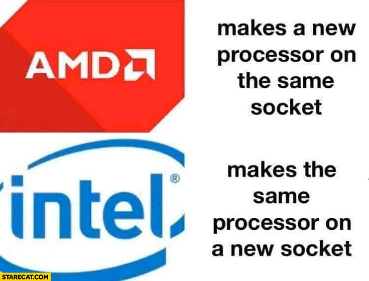 AMD makes a new processor on the same socket, Intel makes the same processor on a new socket