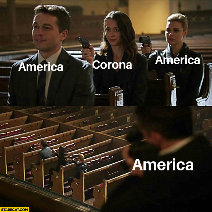 America coronavirus pointing gun and America pointing gun at America