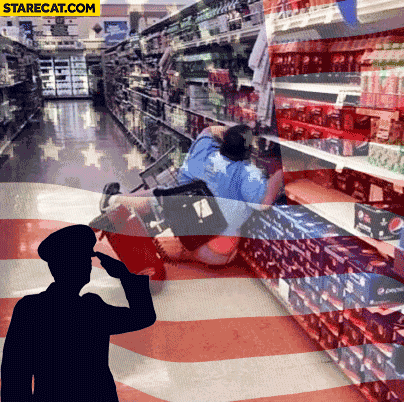 American Flag salute fat man in shop silly
