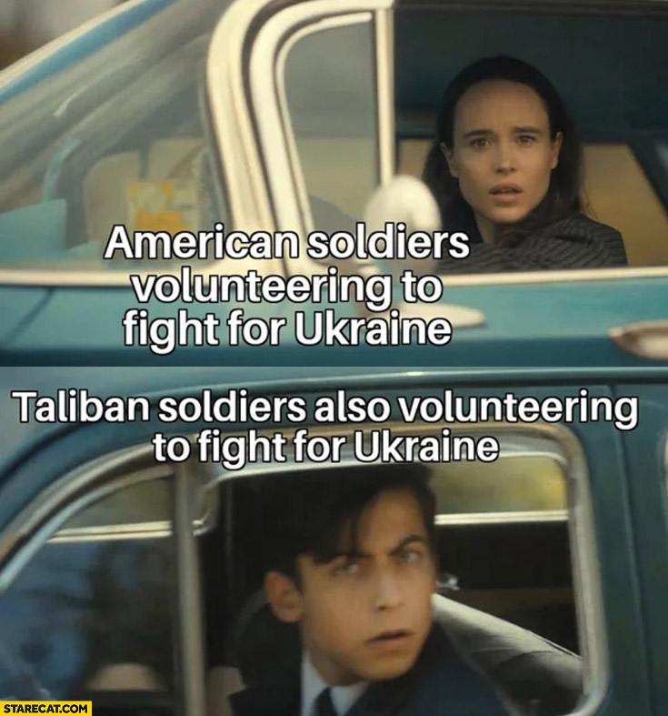 American soldiers volunteering to fight for Ukraine vs taliban soldiers looking at each other Ellen Page