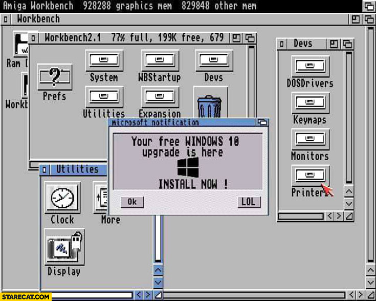 Amiga Workbench your free Windows 10 upgrade is here install now popup