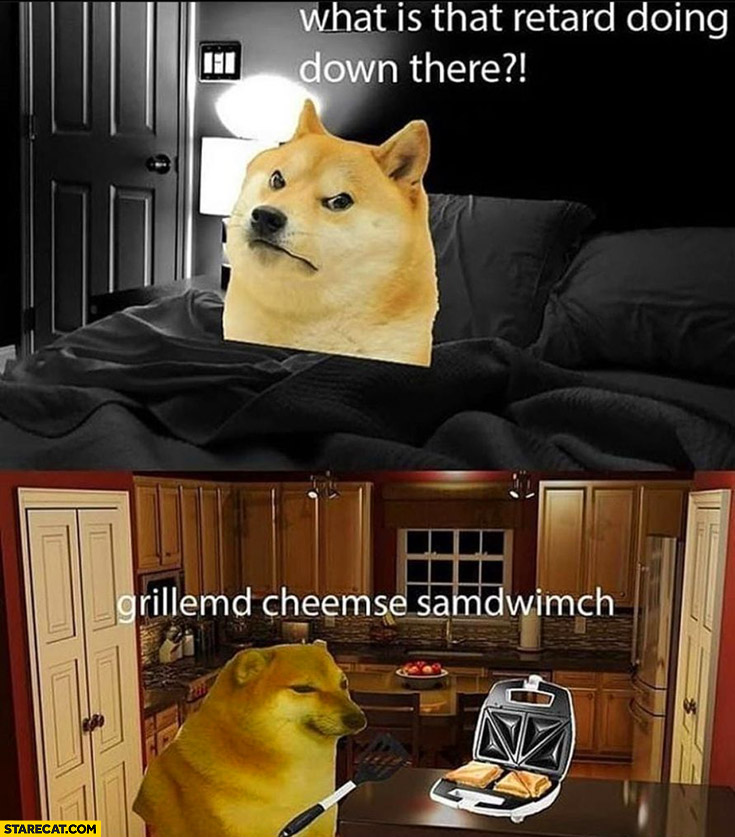 Angry dog doge what is this retard doing down there grilled cheese sandwich cheems