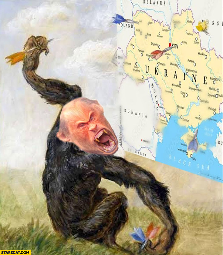 Angry Putin monkey throwing darts at Ukraine map