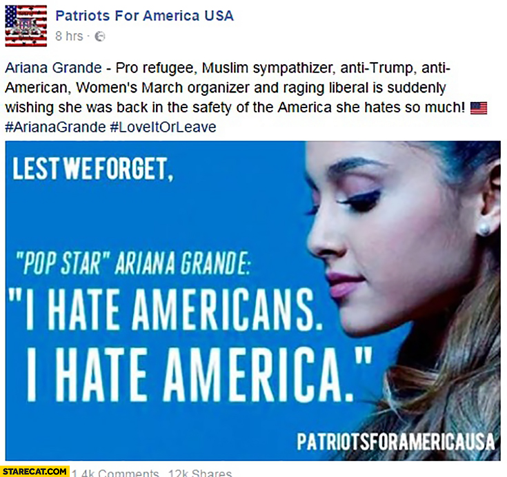Ariana Grande: pro refugee, muslim sympathizer, anti-trump, anti-american suddenly wishes she was back in America Manchester concert terrorist attack