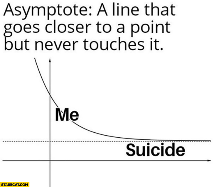 Asymptote a line that goes closer to a point but never touches it. Me suicide graph