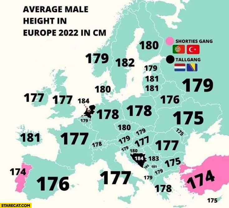 Average male height in Europe 2022 in cm map infographic