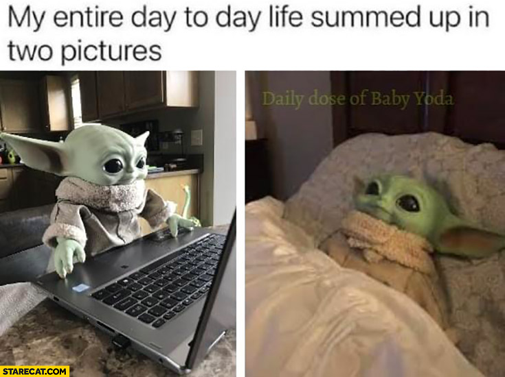 Baby Yoda my entire day to day life summed up in two pictures working with computer and sleep