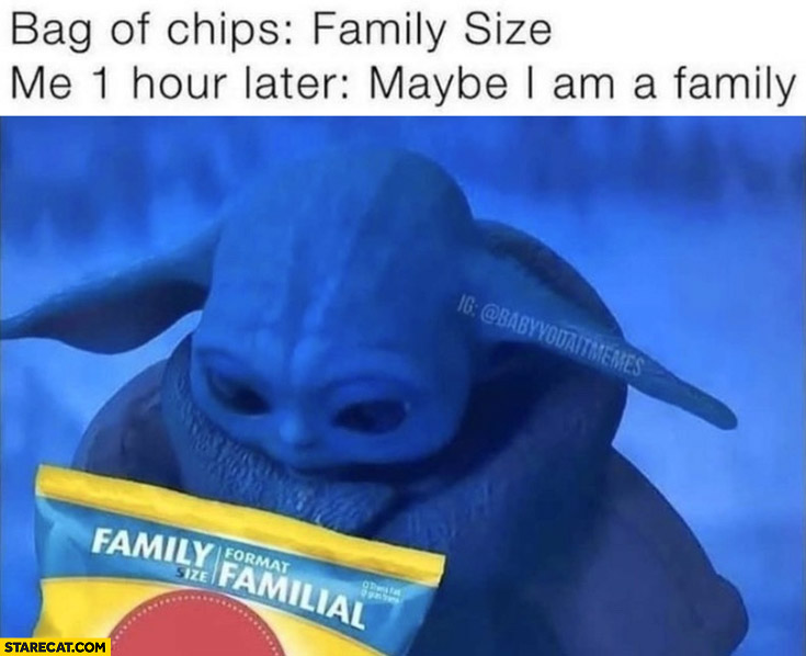 Bag of chips family size me 1 hour later maybe I am a family? Baby yoda