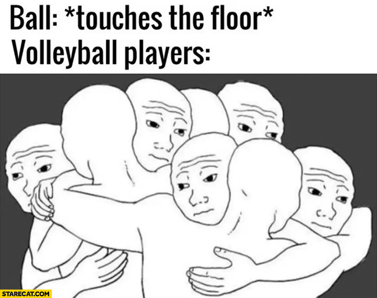Ball: touches the floor, volleyball players: hugging each other