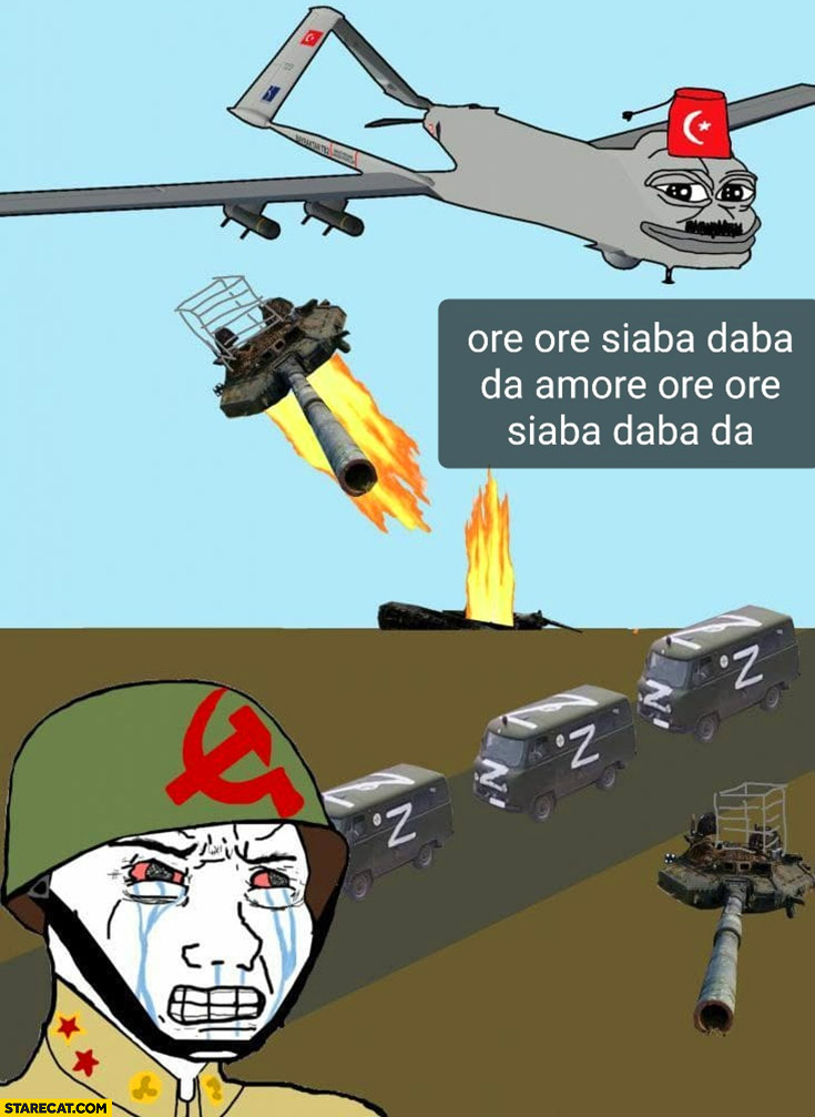 Bayraktar drone bombing Russian troops drawing meme
