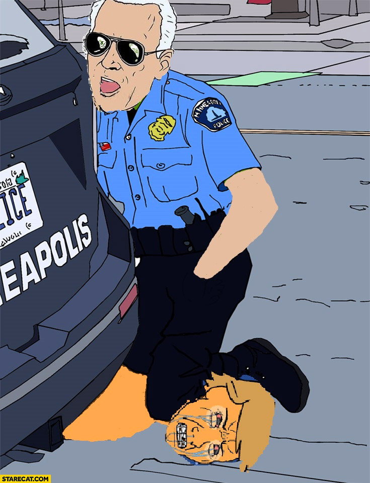 Biden Trump policeman kneeling on George Floyd arrest meme drawing
