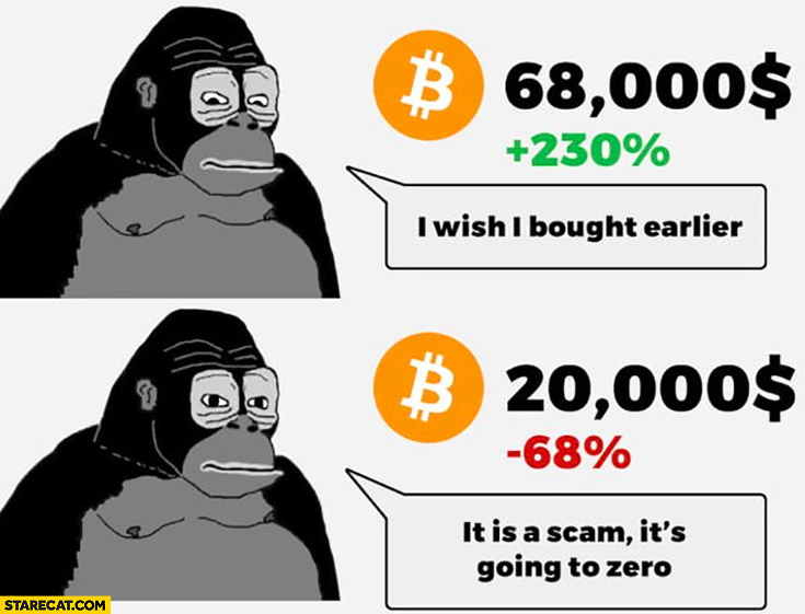 Bitcoin at 68k: I wish I bought earlier vs BTC dropped to 20k: its a scam, it’s going to zero monkey gorilla