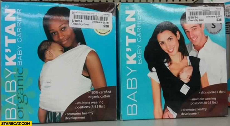 Black woman single, white couple together product packaging comparison baby carrier