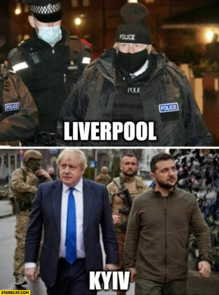 Boris Johnson in Liverpool with police protecting him vs in Kyiv walking freely