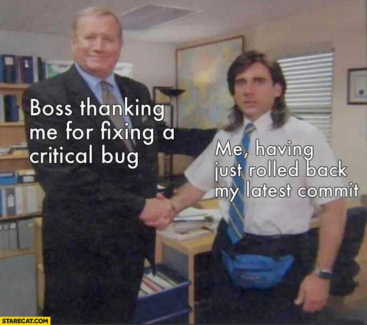 Boss thanking me for fixing a critical bug vs me having just rolled back my latest commit the office
