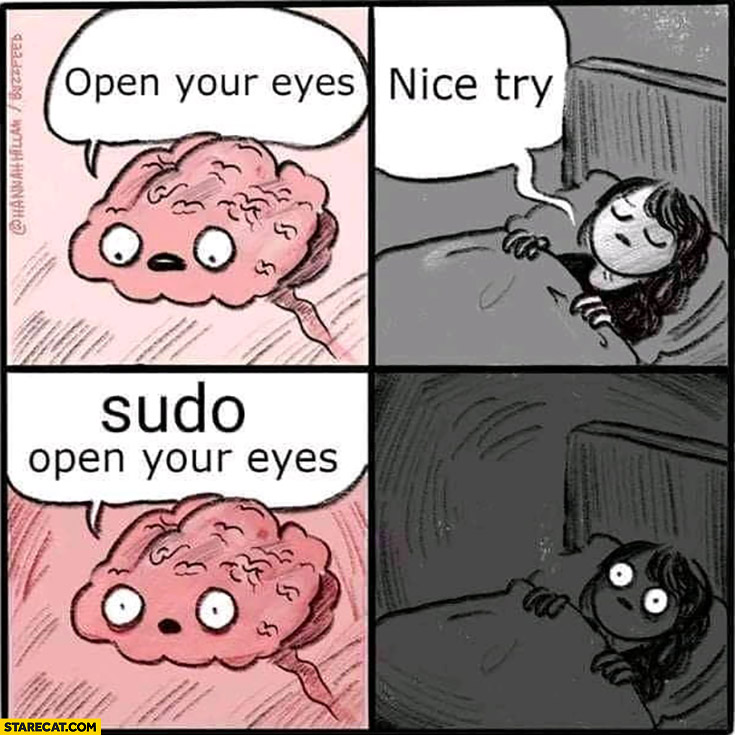 Brain: open your eyes, nice try, sudo open your eyes comic