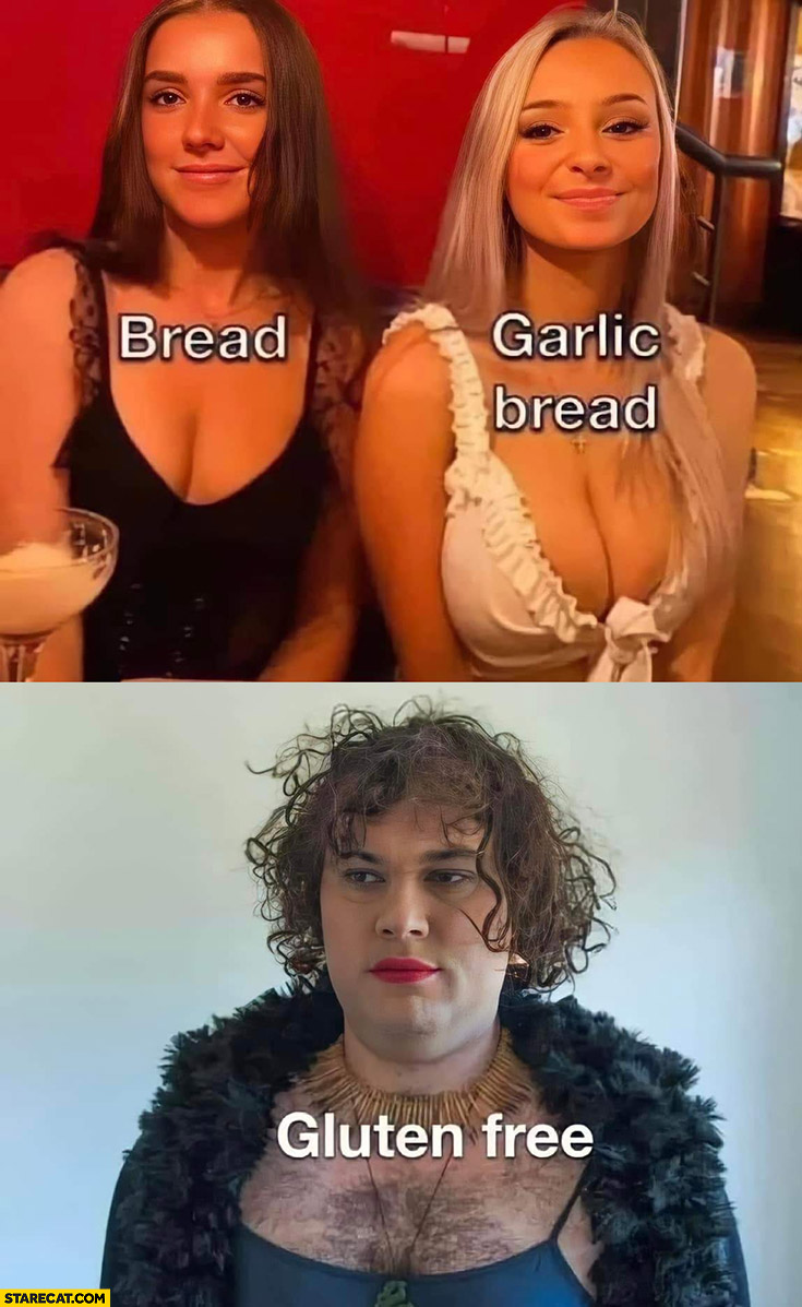Bread, garlic bread, gluten free bread appearance comparison