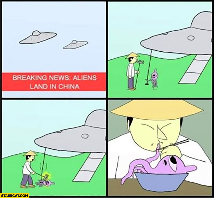 Breaking news aliens land in China, chinese man eats them comic