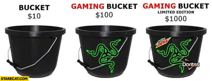 Bucket $10 dollars, gaming bucket $100 dollars, gaming bucket limited edition $1000 dollars