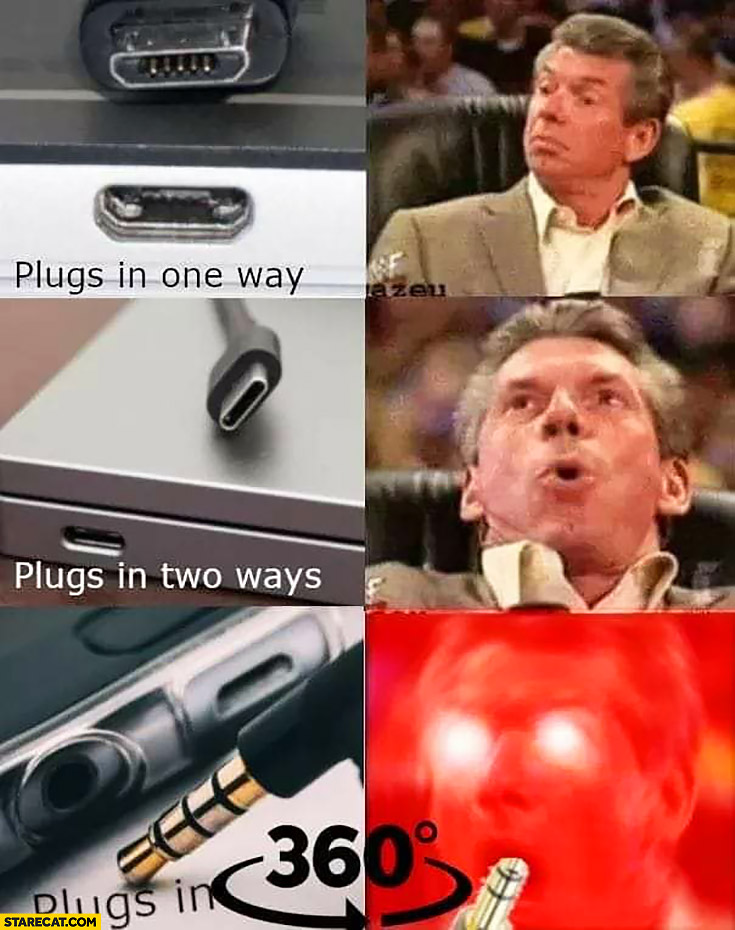Cable plugs in one way, plugs in two ways, plugs in 360 minijack
