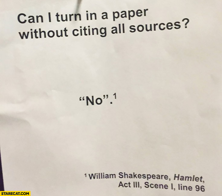 Can I turn in a paper without citing all sources? No. William Shakespeare, Hamlet, Act 3, Scene 1, Line 96