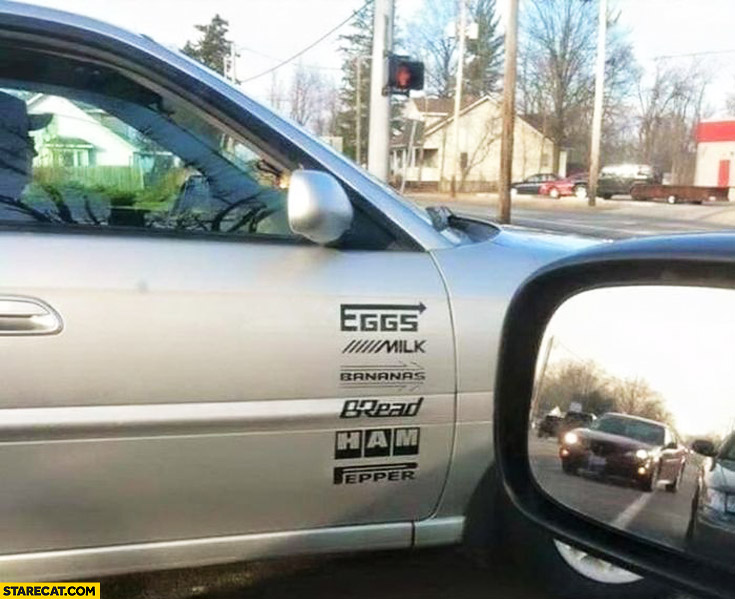 Car door side stickers eggs milk bananas bread ham pepper logos trolling