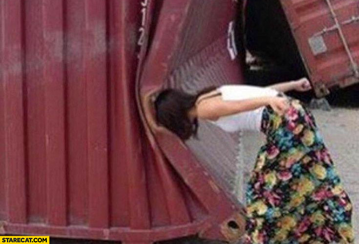 Cargo container bent girl hit it with her head creative photo picture