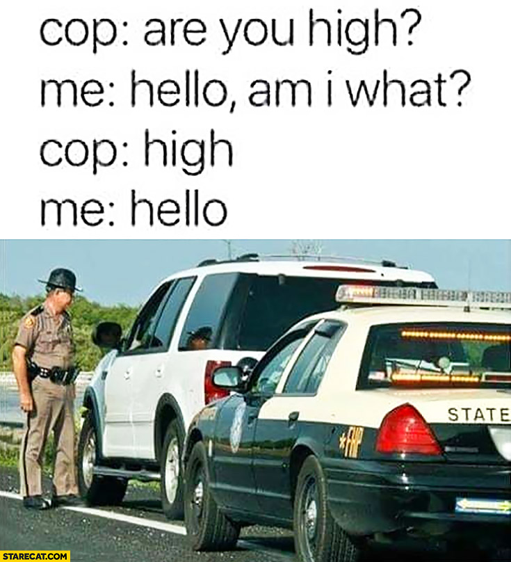 Cop: are you high? Me: hello, am I what? Cop: high. Me: hello