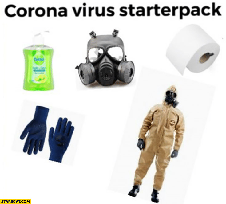 Corona virus starter pack toilet paper, gloves, uniform, mask, soap