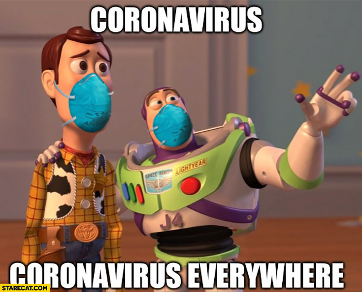 Coronavirus corona virus everywhere Toy Story characters wearing facemasks