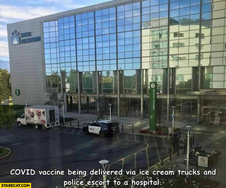 Covid vaccine being delivered via ice cream trucks and police escort to a hospital