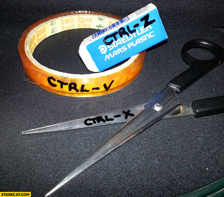 Ctrl+z rubber, ctrl+v tape, ctrl+x scissors