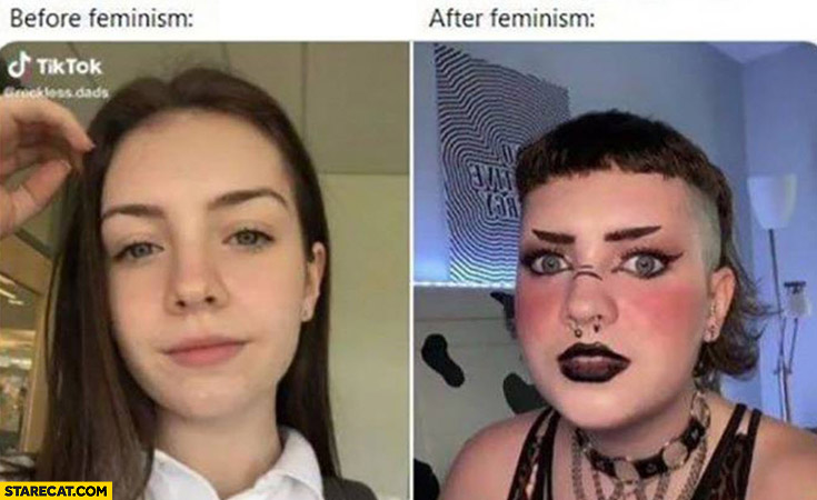 Cute girl before feminism after feminism comparison