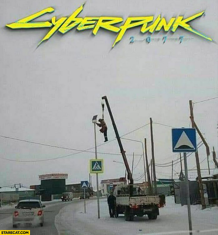 Cyberpunk 2077 in Russia man replacing street lights