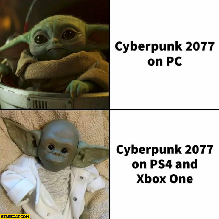 Cyberpunk 2077 on PC vs on PS4 and xbox one baby Yoda comparison